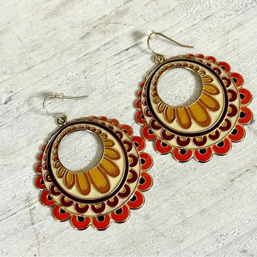 Orange yellow enamel gold tone drop earrings